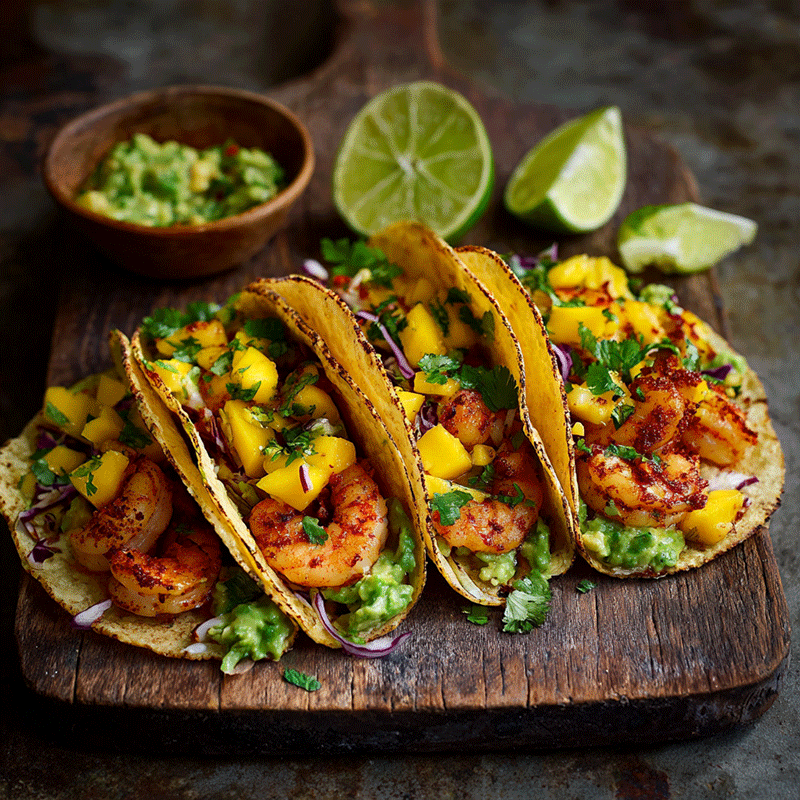 Tacos crevettes salsa mangue avocat